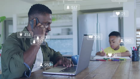 Animación-De-Notificaciones-De-Redes-Sociales-Sobre-Un-Hombre-Trabajando-En-Una-Computadora-Portátil-Y-Un-Niño-Dibujando