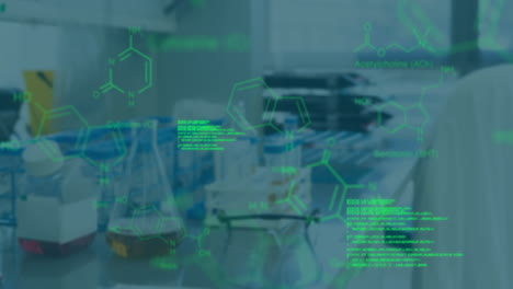 Chemical-formulas-and-molecular-structures-animating-over-laboratory-equipment