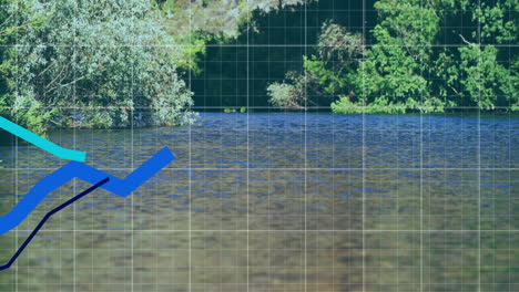 Blue-arrow-graph-animation-over-clear-river-with-lush-green-trees