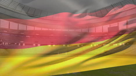 Waving-German-flag-animation-over-stadium-with-green-field,-celebrating-sports-event