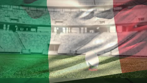 Balón-De-Rugby-En-El-Campo-Con-Fondo-De-Estadio-Y-Animación-De-La-Bandera-De-Italia