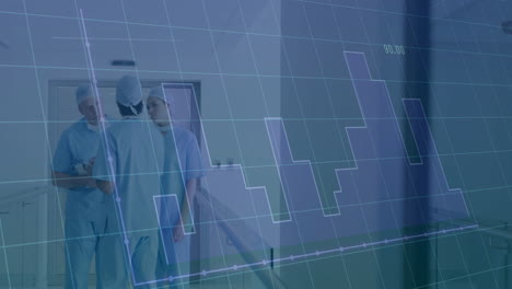 Medical-professionals-in-hospital-hallway-over-fluctuating-bar-graph-animation