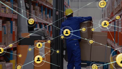 Moving-boxes-in-warehouse,-worker-with-network-connections-animation-overlaid