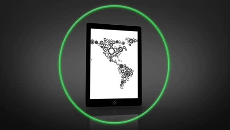 Tablet-displaying-world-map-made-of-gears,-surrounded-by-green-circle-animation