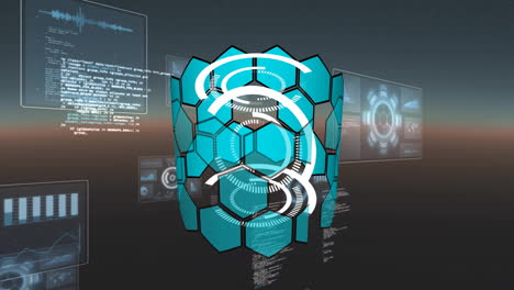 Rotating-hexagonal-shapes-and-processing-futuristic-data-animation-on-digital-screens