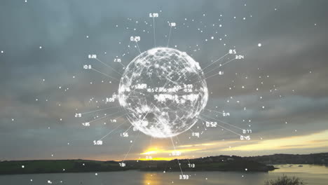 Glowing-globe-with-data-points-animation-over-serene-landscape-at-sunset