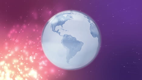 Globe-spinning-with-sparkling-lights-animation-over-purple-and-pink-background