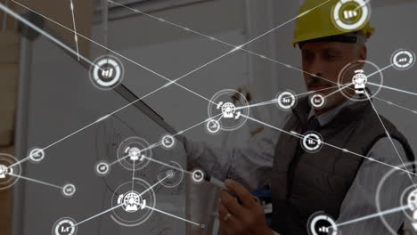 Drawing-on-whiteboard,-construction-worker-with-hard-hat,-network-connections-animated