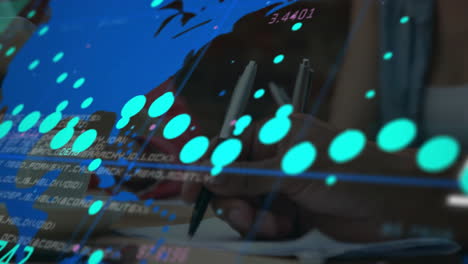 Writing-with-pen,-hands-over-glowing-dots-and-lines-animation