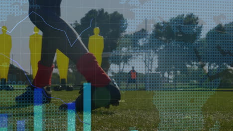 Bar-chart-and-world-map-animation-over-soccer-players-practicing-on-field