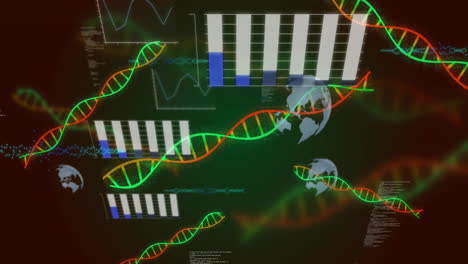 Animación-De-Cadenas-De-ADN-Y-Gráficos-De-Datos-Sobre-Un-Fondo-Oscuro