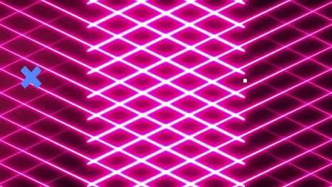 Neon-grid-with-blue-crosses-and-white-square-animation-on-pink-background