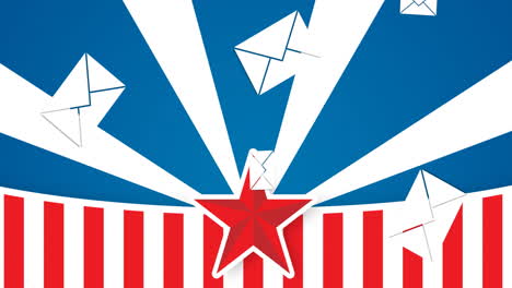 Envelopes-flying-over-red-star-and-stripes-with-blue-background-animation