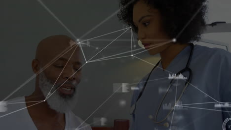 Healthcare-professionals-interacting-with-network-connections-and-data-processing-animation