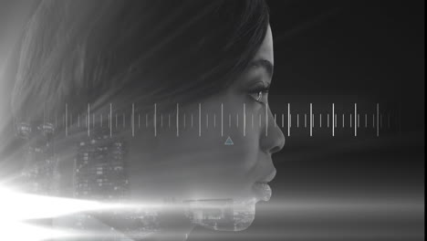 Profile-of-woman-with-cityscape-and-data-visualization-animation-over-her-face