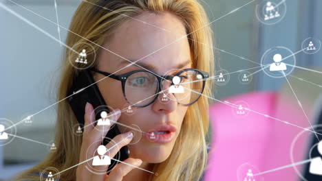 Talking-on-smartphone,-woman-with-networking-connections-animation-in-background