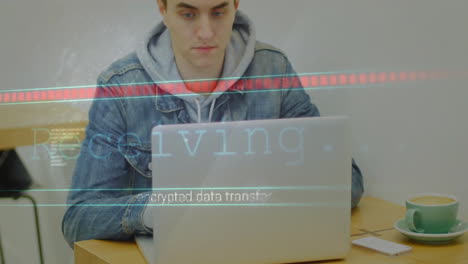 Animación-De-Transferencia-De-Datos-Cifrados-Sobre-Una-Persona-Que-Usa-Una-Computadora-Portátil-En-Una-Cafetería