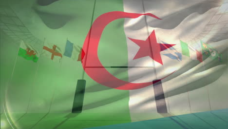 Algerian-flag-animation-over-rugby-field-with-various-national-flags