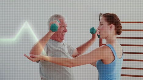 Exercising-with-dumbbells,-two-people-smiling-while-watching-fitness-animation