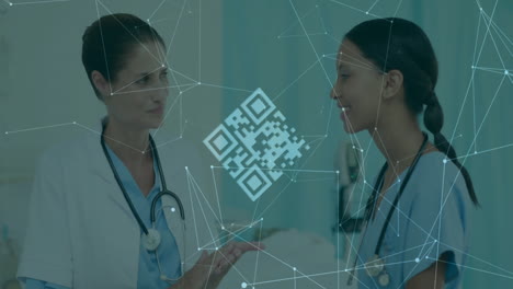 QR-code-and-network-connections-animation-over-medical-professionals-in-hospital