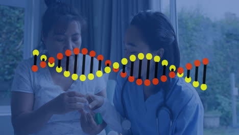 Animation-Eines-DNA-Strangs-über-Medizinischem-Fachpersonal,-Das-In-Einer-Besprechung-Medikamente-Diskutiert