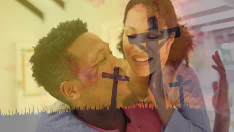 Embracing-couple-with-cross-and-sunset-animation-in-background