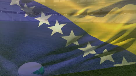 Animation-Der-Flagge-Von-Bosnien-Und-Herzegowina-über-Einem-Rugbyball-Auf-Dem-Stadionfeld