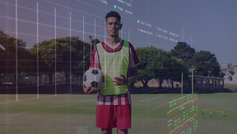 Stock-market-data-animation-over-soccer-player-holding-ball-on-field