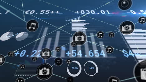 Animierte-Symbole-Für-Musik,-Kamera-Und-Datenprozentsätze-über-Dem-Hintergrund-Digitaler-Netzwerke