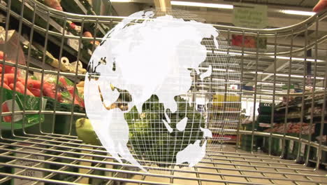 Animated-globe-over-grocery-shopping-cart-in-supermarket