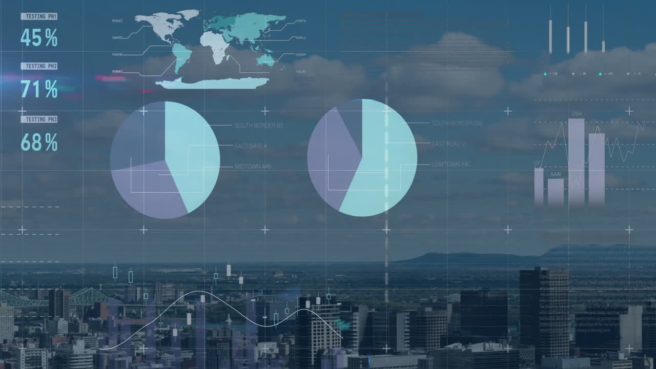 Data Visualization Animation Over Cityscape With Charts, Graphs, And ...