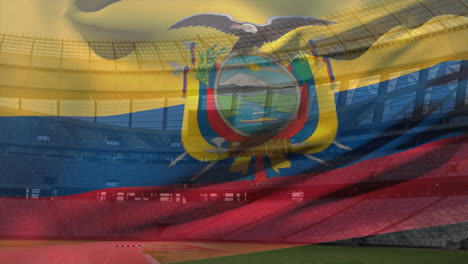 Animación-De-La-Bandera-Ecuatoriana-Sobre-Asientos-Vacíos-Del-Estadio-Y-Pista-En-Un-Estadio-Deportivo