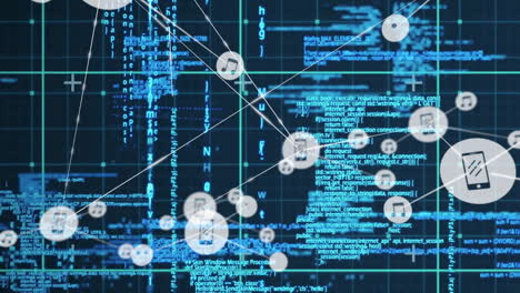 Music-notes-and-data-processing-animation-over-digital-code-and-network-connections