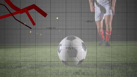 Soccer-ball-on-field-with-data-analysis-animation-over-player-in-background