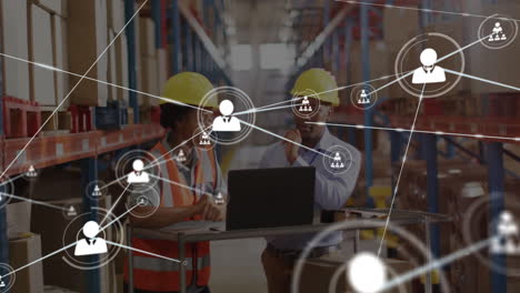 Network-of-connections-and-data-processing-animation-over-workers-in-warehouse