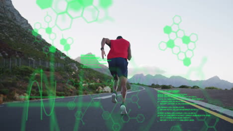 Running-on-road,-athlete-surrounded-by-green-scientific-data-animation