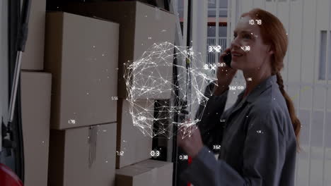 Network-connections-and-data-points-animation-over-woman-talking-near-stacked-boxes