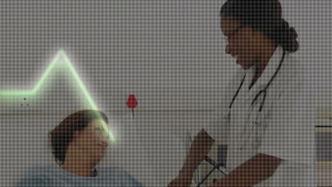 Medical-data-animation-over-doctor-checking-patient''s-blood-pressure-in-hospital