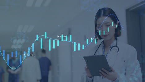 Analyzing-data-on-tablet,-doctor-with-stethoscope-over-financial-graph-animation