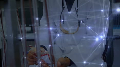 Holding-stethoscope,-doctor-in-lab-coat-with-network-connections-animation-in-medical-setting