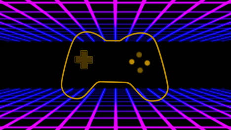 Animierender-Umriss-Eines-Retro-Gamecontrollers-über-Einem-Neongitterhintergrund