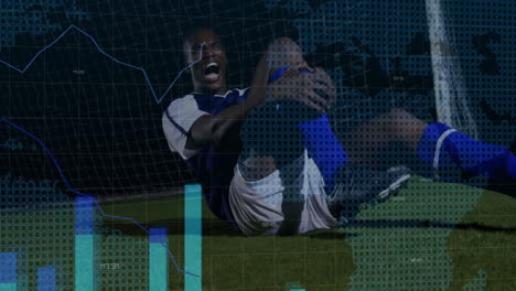 Holding-injured-leg,-soccer-player-on-field-with-financial-data-animation-over