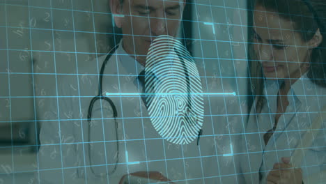 Scanning-fingerprints-animation-over-medical-professionals-using-tablet-in-hospital