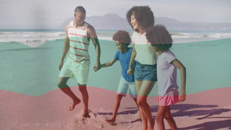 Bulgarian-flag-animation-over-family-walking-on-beach,-enjoying-sunny-day