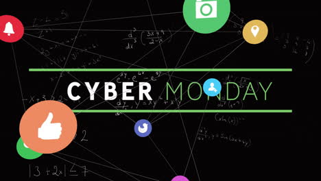 Cyber-Monday-text-animation-with-colorful-icons-and-network-connections-on-black-background