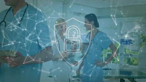 Medical-professionals-in-hospital-with-cybersecurity-lock-and-network-connections-animation