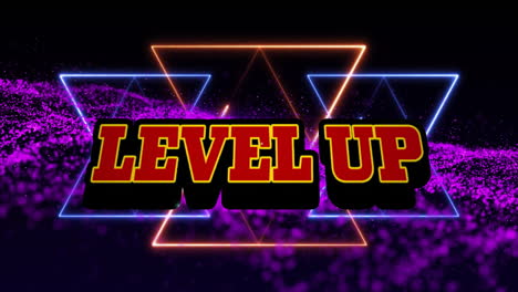 Level-up-text-animation-over-neon-geometric-shapes-and-purple-particles