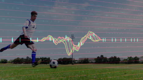 Jugador-De-Fútbol-Pateando-Un-Balón-Con-Animación-De-Datos-De-Rendimiento-Sobre-Fondo-De-Campo