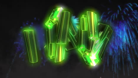 Green-glowing-crystals-animation-over-blue-fireworks-in-dark-background