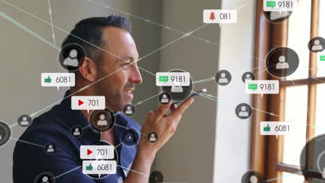 Social-media-notifications-and-connections-animation-over-man-using-smartphone